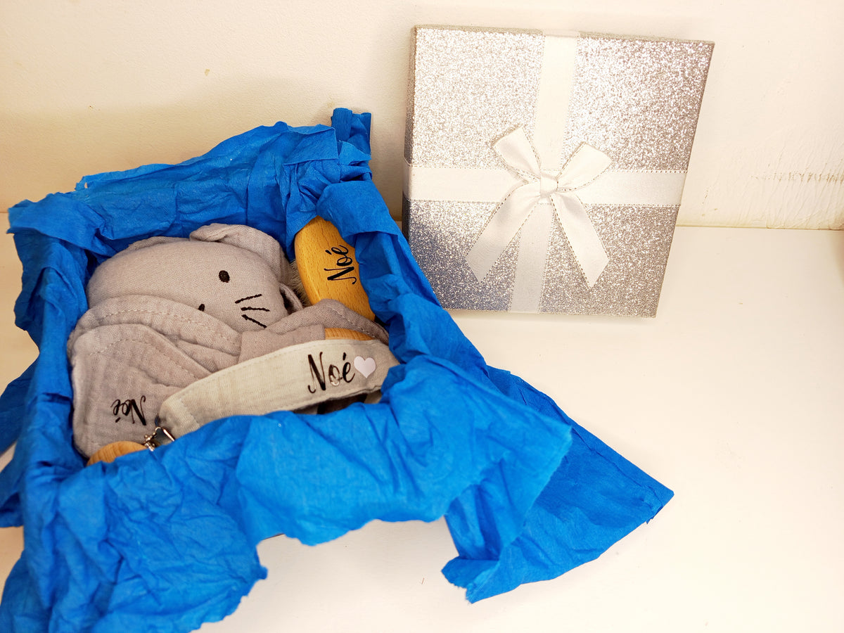 Coffret Cadeau de Naissance Personnalisé – Doudou, Hochet, Attache Tétine