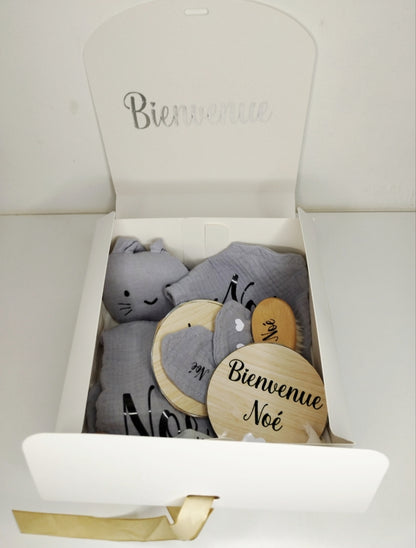 Coffret Cadeau de Naissance Personnalisé – Doudou, Hochet, Attache Tétine, Cartes Étapes Bébé
