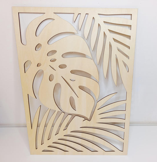 Décoration murale en bois – Panneau végétal découpé au laser – Feuille tropicale – Déco murale naturelle – Art mural bois
